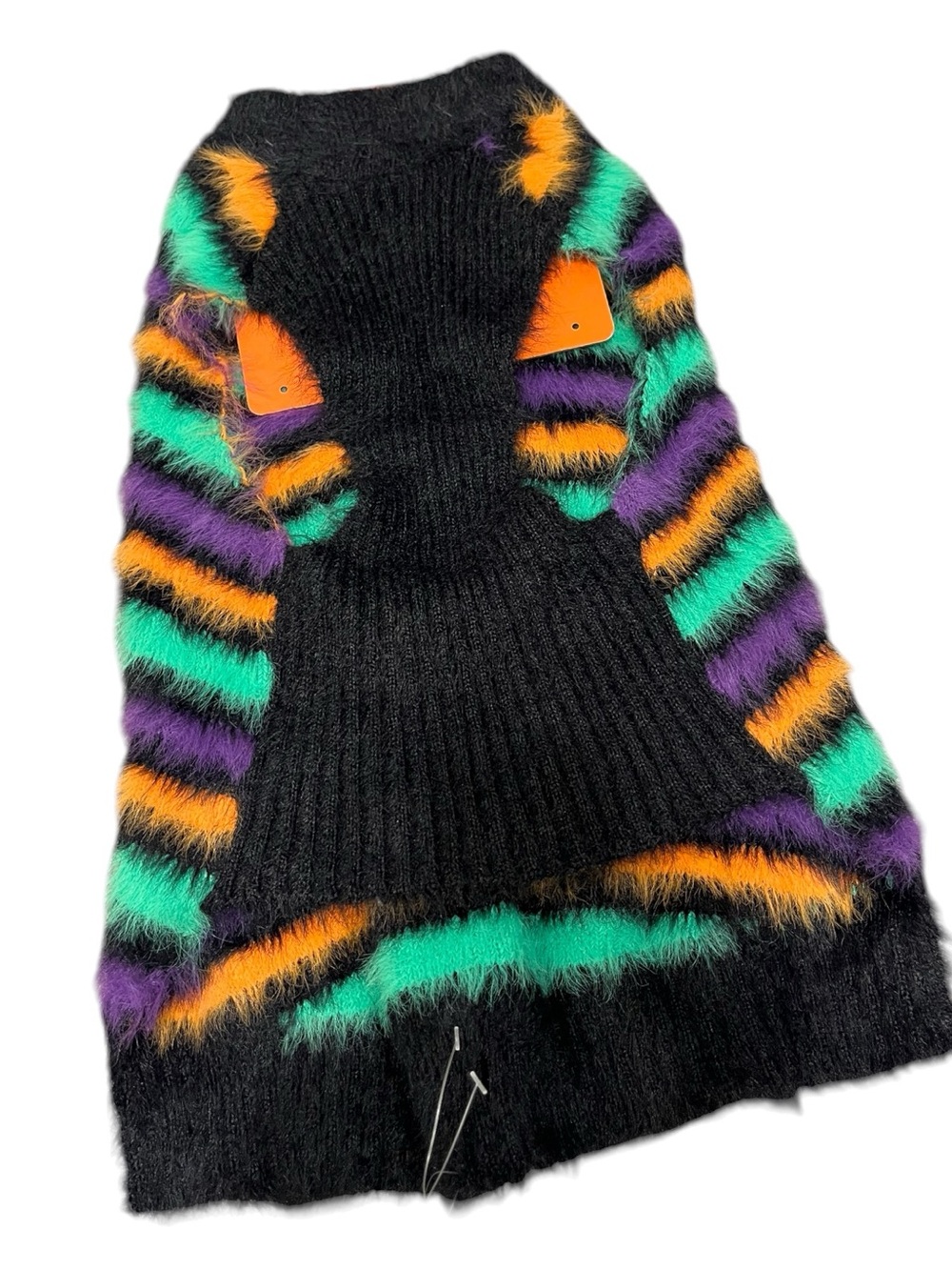 Black Fuzzy Striped Sweater Dress with Teal, Purple & Orange Accents